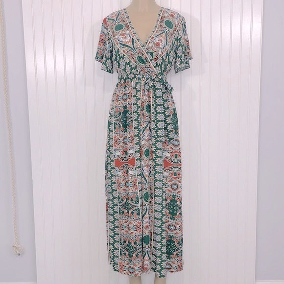 Boho Maxi Dress Faux Wrap Side Slits V Neck Short Flutter Sleeves Like New Small - Picture 9 of 17